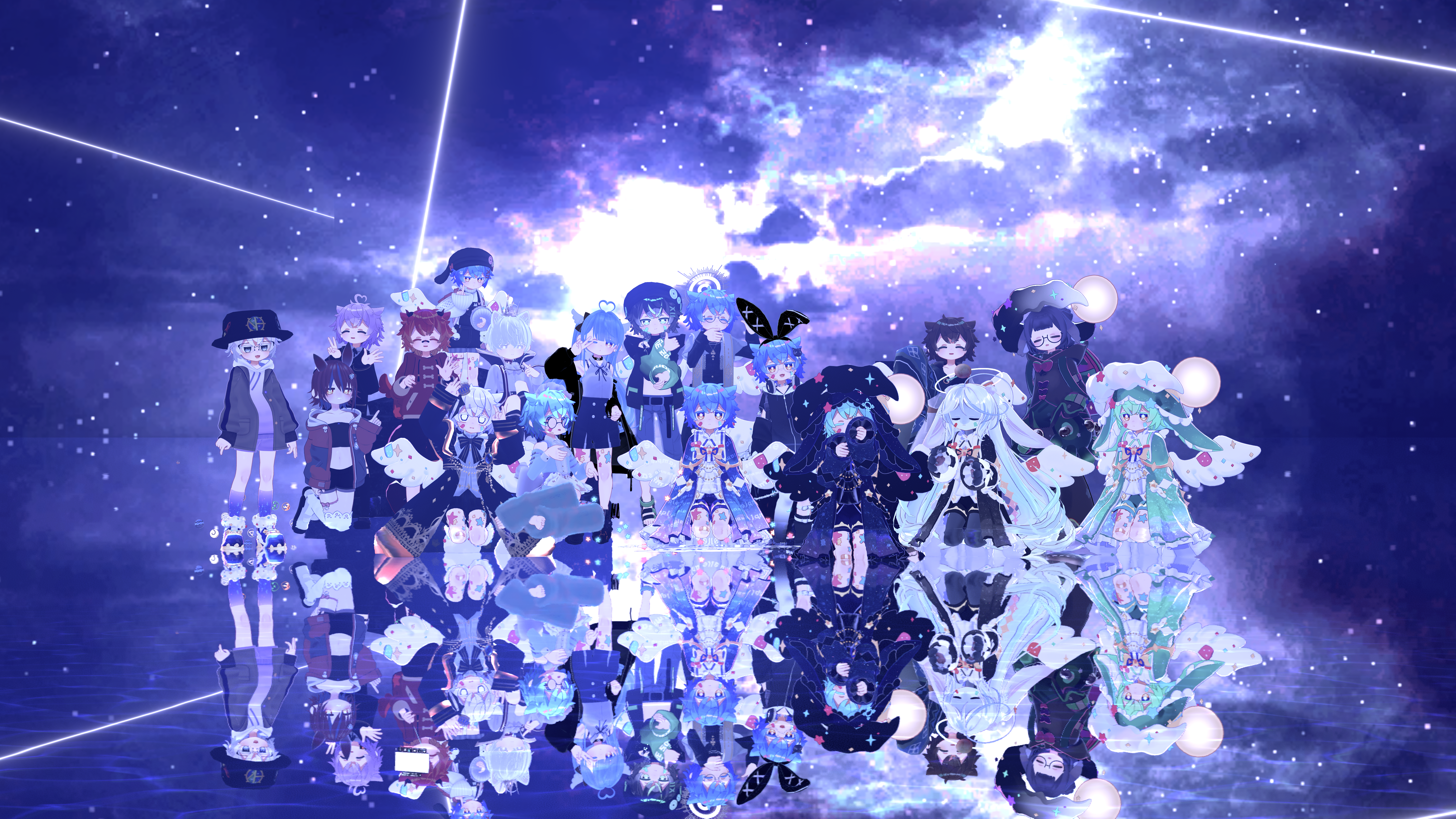 たくさんのシピルカくんが鏡のような湖の上にいるイラスト