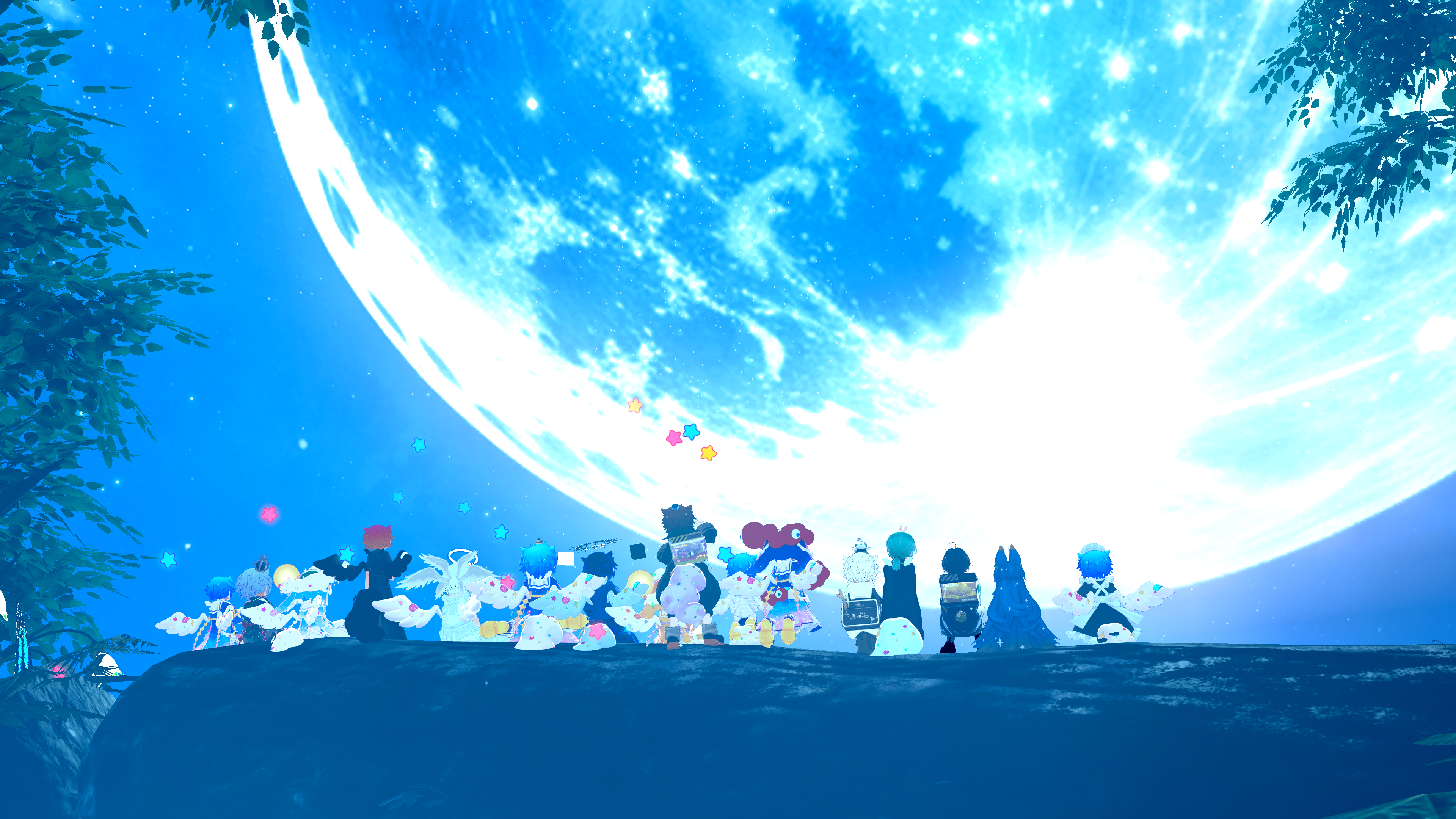 たくさんのシピルカくんが月の周りに集まっているイラスト